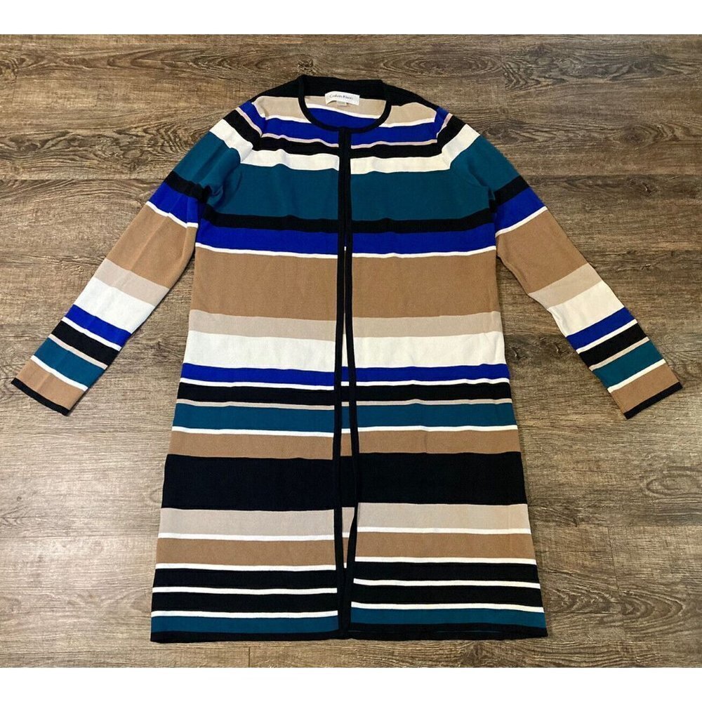 Calvin Klein Women’s Striped Flyaway Topper Jacket Cardigan Longline Size Large - Picture 3 of 13